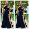 Navy Blue Modest Prom Dresses Designer One Shoulder Illusion Beaded Appliqued Chiffon Side Slit Floor Length Evening Party Gowns Custom