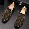 Mens Black Flats Designer Gold Casual Ceather Wedding Swed Party Shoes Brand Brid