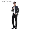 Aibianocel 2017 جديد عارضة نمط الشتاء الرجال جلد طبيعي سترة جلد الغنم الحقيقي معطف جلد أسود سترة