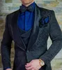 Date hommes costumes noir motif marié Tuxedos châle Satin revers garçons d'honneur mariage meilleur homme (veste + pantalon + gilet + cravate) L422