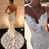 New Mermaid Wedding Dresses V Neck Long Sleeves Full Lace Appliques Front Split Sheer Sweep Train Backless Plus Size