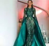2020の光沢のあるイスラム教徒のイブニングドレスが取り外し可能な電車のスパンコールのドバイ長袖マーメイドのウエディングドレスアフリカのパーティーvestido Robes de Soiree