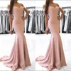 Vestidos Elegante Roze Avondjurken Mermaid Uit de Schouder Satijn Prom Jurken Lange Avondjurken Goedkope Bruidsmeisjekleding BM0983