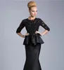 2020 Mother Of The Bride Dresses Mermaid Jewel Neck 34 Sleeves Lace Appliques Beaded Peplum Plus Size Party Dress Black Evening G6279090