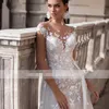 Fascinating Floral Lace Berta Wedding Dresses V Open Back Bridal Dress Detachable Train Bateau Applique Boho Party Wedding Gowns Beach