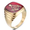 Wholesale Gold Men's Punk Dark Red Resin Enamel Covered Ring Stainless steel Freemason Masonic regalia signet rings Fraternity wed band ring