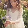 New Cheap Lovely Full Lace Flower Girl Dresses For Weddings V Neck Long Sleeves Floor Length Girls Pageant Dress Kids Baby Communion Gowns