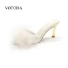 VOTODA New Hot Women's Fashion Plush Middle Heels Slippers Female Furry Faux Fur Slides High Quality Non-slip Sexy Flip Flops