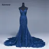 Saoedi -Arabisch zeemeermin kanten avondjurken marineblauw lange prom -jurken abiye sexy formele avondjurken kristal abendkleider