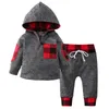 2Pcs Baby Boys Clothes Set Autumn Red Plaid Newborn Infant Outfit Cotton Hooded Top Pants Casual Toddler Kids Clothing Suit