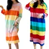 Spring Autumn Winter Ladies Rainbow Striped Loose Long Nightdress Home O Collar Long-sleeved Nightdress