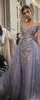 Zuhair Murad Dust Gray Evening Dresses Overskirt Lace Shiny Off Shoulder Full length Prom Gown with Detachable Train Occasion Part7235534