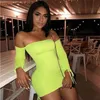 Boofeenaa النيون الأخضر ruched قبالة الكتف كم طويل bodycon اللباس مثير حزب ليلة النادي فساتين الربيع 2019 C66-AC32 Q190417