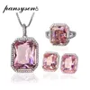 PANSYSEN 100% 925 Sterling Silver Bridal Jewelry Set For Women Natural Pink Quartz Wedding Ring Earrings Pendant Necklace Sets MX200810