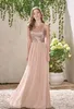 En Line Rose Gold -paljetter Topp Lång chiffonstrand brudtärklänningar Halter Backless Ruffles Blush Pink Maid of Honor -klänningar