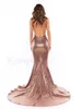 Sexy Spaghetti Straps Long Mermaid Prom Dresses Court Train Backless Rose Gold Sequined Sparkly Party Formal Evening Dress Blush Pink