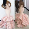 Gorgeous Pink Mermaid Prom Dresses Sleeveless 3D Floral Appliques Formal Evening Gowns Backless Tiered Ruffles Cocktail Party Dresses
