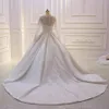 2020 Arabisch Perlen Ballkleid Brautkleider Spitze Applique Perlen Brautkleider mit Langarm Knopf Zurück Sweep Zug Benutzerdefinierte BC2417