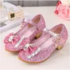 Sandalias de princesa para niños en 5 colores, zapatos de boda para niñas, zapatos de vestir de tacón alto, zapatos dorados con pajarita para niñas