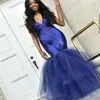 Sexy Black Girl Sekrety Suknie Navy Blue Głębokie Neck Suknie Wieczorowe Tulle Spódnica Vestidos De Fiesta African Mermaid Party Dress