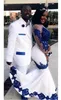 New White Satin Royal Blue Lace Aso Ebi African Dresses Long Illusion Sleeves Applique Formal Gowns Pageant Wedding Dress289N