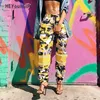 Heyoungirl Yellow Camo Pants High Waist Sweat Pants For Women Plastic Sweatpants Summer Camouflage Cargo Harem Pants Streetwear Y19070101