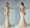 2023 Sexy avondjurken Champagne plus size mermaid Arabische pure nek lange mouwen kanten appliques ruches ruches sweep trein prom party jurken moeder jurk