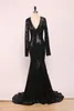 Sexy Deep Black 2019 V Neck Prom Dresses Long Sleeves Sparkly Sequins Sweep Train Formal Ocn Wear Party Ball Gowns