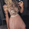 Rose Tulle Mini Robes De Bal Courtes Dubai Caftan Abaya À Manches Longues Trier Robe De Bal Robe De Soirée Robes De Cocktail Avec Des Perles Pas Cher 2019