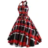 Spaghetti Strap Moda Vermelho e Preto xadrez Party Midi Vestidos para Mulheres Elegante Vintage Retro Rockabilly Casual Vestido