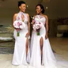 Twee stijlen Nigeria Afrikaanse zeemeermin bruidsmeisje jurken plus size kralen applique meid van de eer side spleet bruiloft gasten jurk