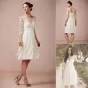 2020 Summer Beach Short Lace Chiffon Avorio Sheer Scollo a V Illusion 3/4 Manica lunga Vintage Lunghezza al ginocchio Abiti da sposa Prom Dress