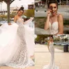 Sheer Neck Mermaid Bröllopsklänningar med avtagbar tåg Lace Appliqued Boho Bridal Gowns Sequins Sexig Beach Bröllopsklänning Robes de Mariée