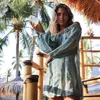 Hombro vestido de la playa del bikini cubierta sólidamente Swim encubrimientos de manga larga ropa de playa femenino atado Túnica Traje de baño Verano