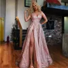 2019 New Rose Różowy Silver Bling Sequined Koronki Prom Dresses V Neck Cekiny Uda High Side Side Ball Suknia Party Pagewange Suknie Wieczorowe