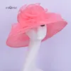 2019 Grande cappello da organza rosa corallo cappello netto per Kentucky derby chiesa razze di nozze festa w / fiore.