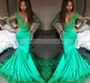 Green Sheer Neck Prom Dresses Long Sleeves Lace Applique Mermaid Sweep Train Elastic Satin Evening Formal Wear Party Gowns