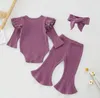 Ropa para niña pequeña, mameluco liso, pantalones acampanados, diadema, conjuntos de 3 uds, conjuntos de algodón de manga larga para niñas, ropa de Boutique para bebé LSK645