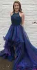 ユニークな青い背中のないウエディングのドレスAラインのホルターティアードオーガンザビーズのレースボディスハイローロングプロムのガウンイブニングドレスイブニングドレス