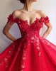 2019 Sexy Rood Een lijn Quinceanera Jurken Off Shoulder Sant 3D Applicaties Pailletten Open Back Sweet 16 Party Plus Size Prom Avondjurken