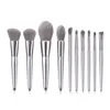 Zilveren kleur oogschaduw make-up borstels set 10 stks borstel gereedschap accessoires voor losse poeder blozen cosmetica super zacht nylon haar DHL gratis