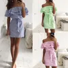 Av axel stropplös randiga ruffles klär kvinnor sommar sundresses strand casual skjorta korta mini party klänningar robe femme