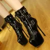 Hot Sale-16cm Schwarz Glanz Patent PU-Leder Buckle Lace Up Knight Boots Frauen Ultra High Heels Desigener Schuhe Größe 34 bis 40