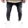 Masculino rasgado com zíper de pernas plissadas jean moda high street biker jeans calça lápis masculino moda de hip hop slim angustiado jeans longos