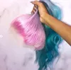 long gradient 3 colored pink violet blue ombre hair 100 human hair lace wig for party