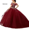 Borgogna Abiti Quinceanera Lungo Ball Gown Prom Dress Sweet 16 Abiti Pizzo Abiti 15 anos