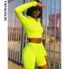 Mode Fluoreszierende Farbe Trainingsanzug Frauen Zwei Stück Set Top und Hosen Schweiß Anzüge Biker Shorts Jogger Sets Sexy Dünne Anzüge