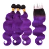 Ombre pacotes com fechamento onda do corpo brasileiro 1b roxo ombre tece cabelo humano 3 pacotes com fechamento de renda ombre cabelo roxo ex77268943