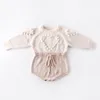 Bébé enfants vêtements de marque tricoté barboteuse à manches longues amour coeur conception barboteuse vêtements 100% coton fille barboteuses chaudes 0-2T