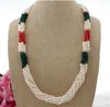 Noué à la main 6 brins 4-5mm blanc perle de culture d'eau douce vert jade corail rouge collier long 68cm